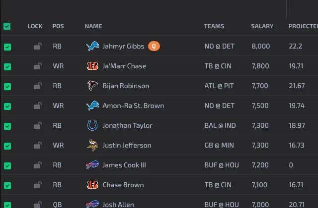 NFL DFS optimizer player pool with projections, ownership, and floor/ceiling
